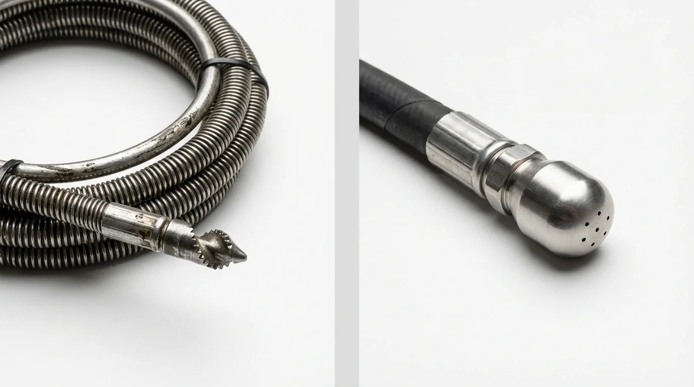 Drain snake cable and hydro jetting nozzle used for drain cleaning in Norwood, NJ