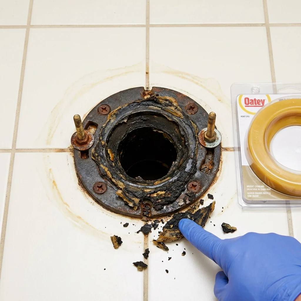 Failed wax ring showing water seepage at the base of a toilet in a Norwood, NJ home