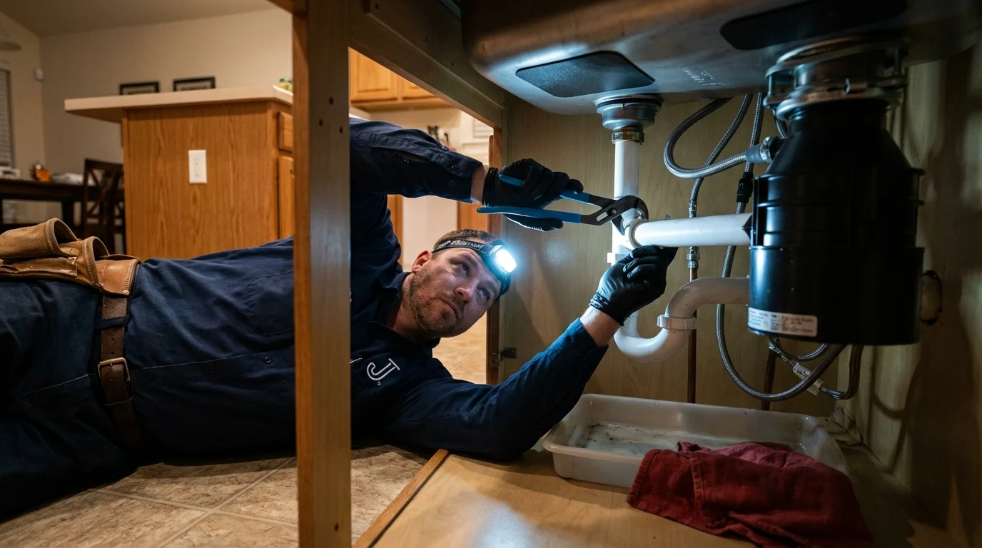 P-trap and supply line connections under a kitchen sink showing a common leak point in Norwood, NJ